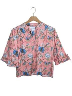 Marigold by Victoria Dunn Pink Blue Green Floral 3/4 Tie Sleeve Top Size XS